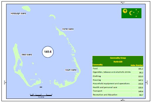 Map showing Cocos Keeling Island price index 2012. Food index number 181.2. Cigarettes, tobacco and alcoholic drinks index number 85.2. Clothing index number 102.0. Housing index number 147.2. Household equipment and operations index number 150.6. Health and personal care index number 100.5. Transport index number 149.4. Recreation and education index number 84.7.