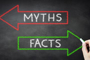 Red arrow pointing left with the word 'myths' in it and a green arrow pointing right with the word 'facts' in it.