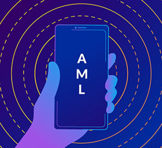 A graphic representation of a mobile phone in a hand, with the letter AML. In the background are concentrivc circles representing signals. The background, phone and hand are different shades of blue.