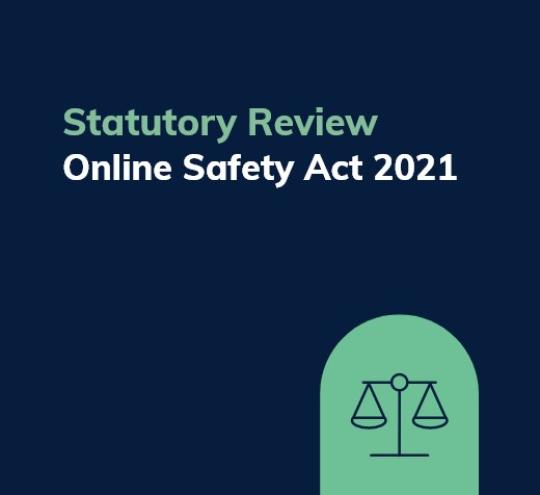 Graphic with a set of scales and the words “Statutory Review – Online Safety Act 2021”