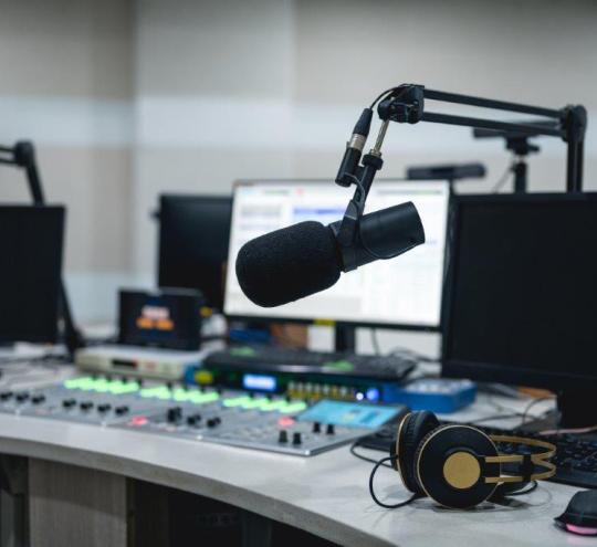 Media equipment in the ‘live room’ of a radio station