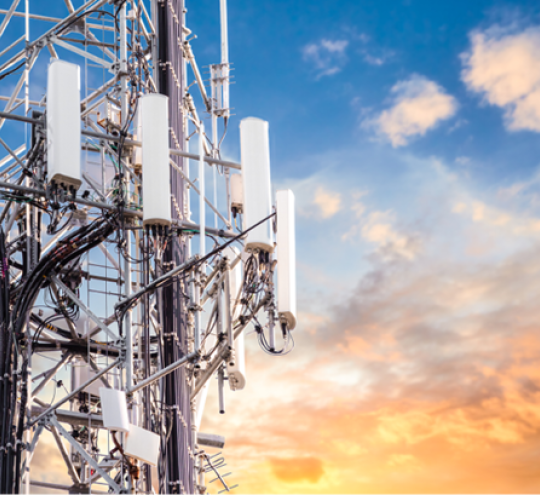 Close up of a telecommunications tower.