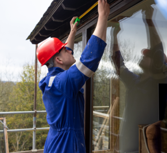 Construction worker measuring window frame