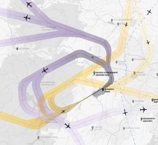 Map showing proposed flight paths in purple and yellow