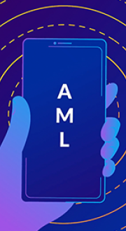 A graphic representation of a mobile phone in a hand, with the letter AML. In the background are concentrivc circles representing signals. The background, phone and hand are different shades of blue.