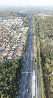 Aerial shot of residential area and motorway in Brisbane Queensland.