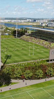 Aerial view of Sunshine Coast Stadium. Artist render. 