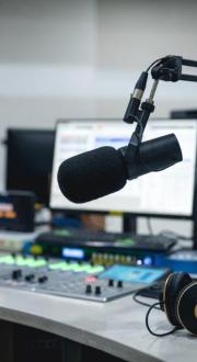 Media equipment in the ‘live room’ of a radio station