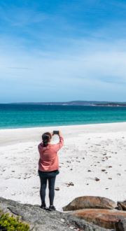 person holding phone taking photo of the beach