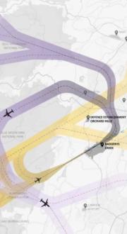 Map showing proposed flight paths in purple and yellow