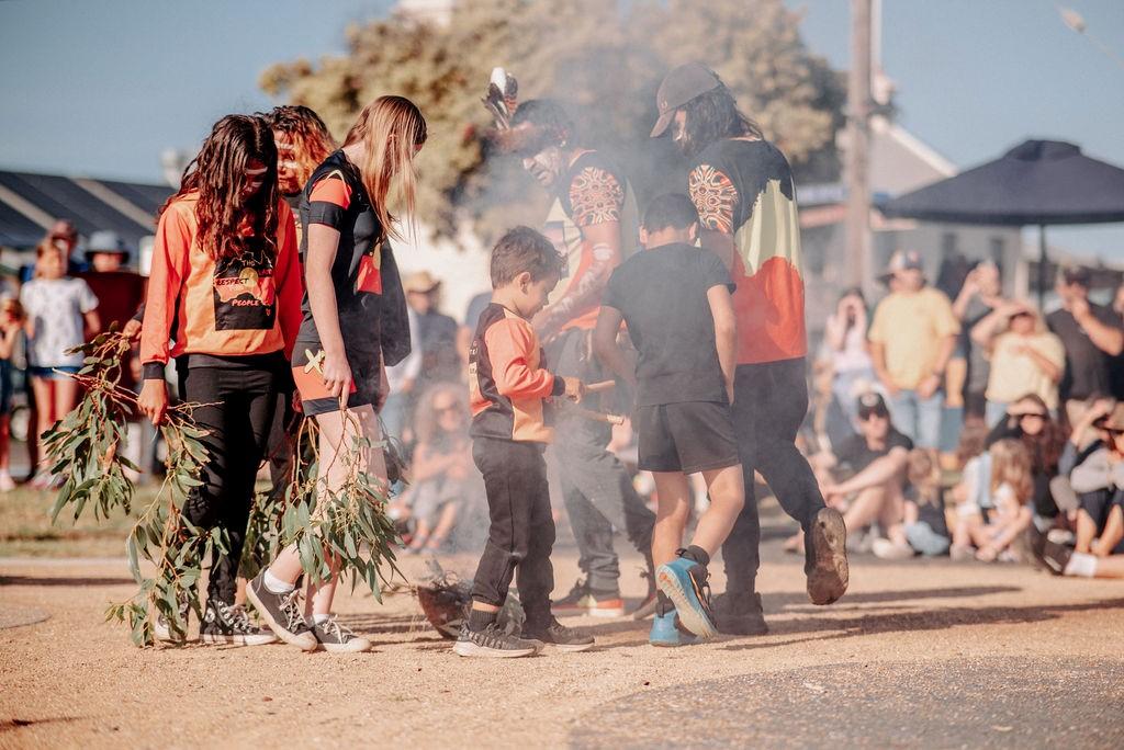 Photo of a smoking ceremony and song performed by local Gunditjmara/Kirrae Whurrong man Brett Clarke. Photo credit: Moyne Shire Council, VIC