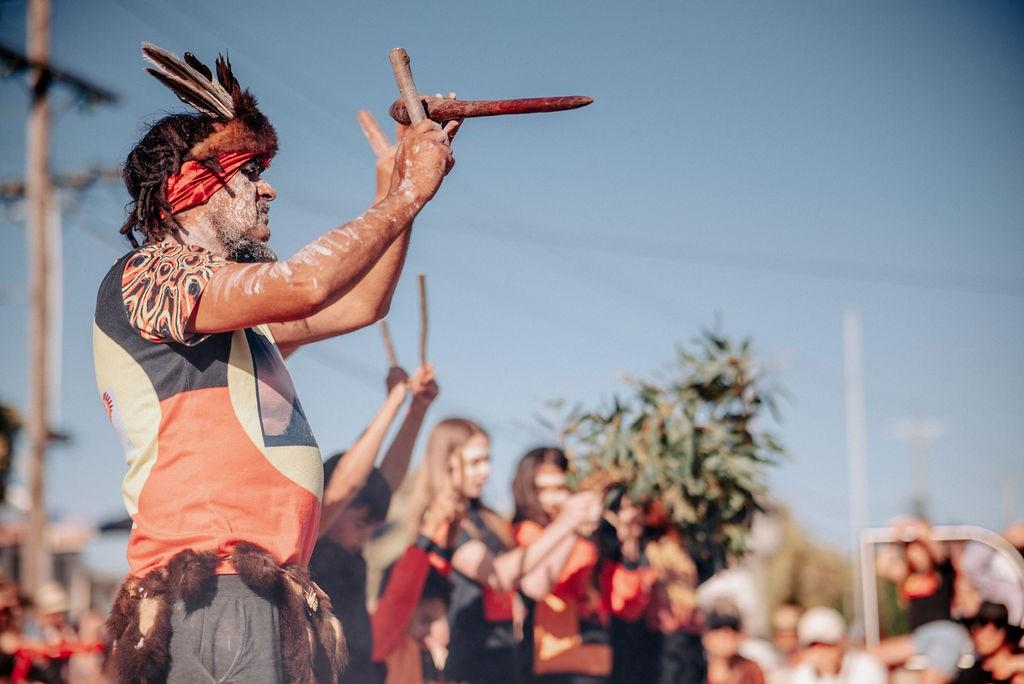 Photo of a smoking ceremony and song performed by local Gunditjmara/Kirrae Whurrong man Brett Clarke. Photo credit: Moyne Shire Council, VIC