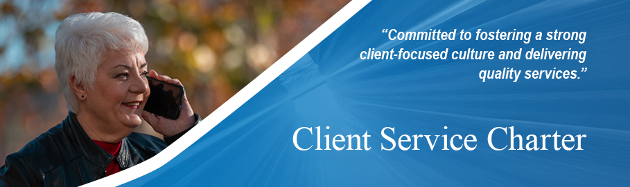 Client Services Charter web banner. Committed to fostering a strong client-focussed culture and delivering quality services.