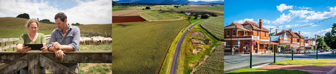 composite image of regional scenes - woman and man in sheep paddock looking at a tablet; aerial view of regional road; main street of a regiona town