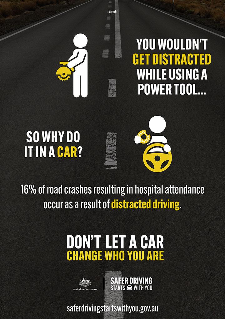 Road Safety Campaign poster 1 - You wouldn't get distracted while using a power tool... so why do it in a car? 16% of road crashes resulting in hospital attendance occur as a result of distracted driving.