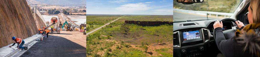 composite image: road construction; outback road: inside car driving on road