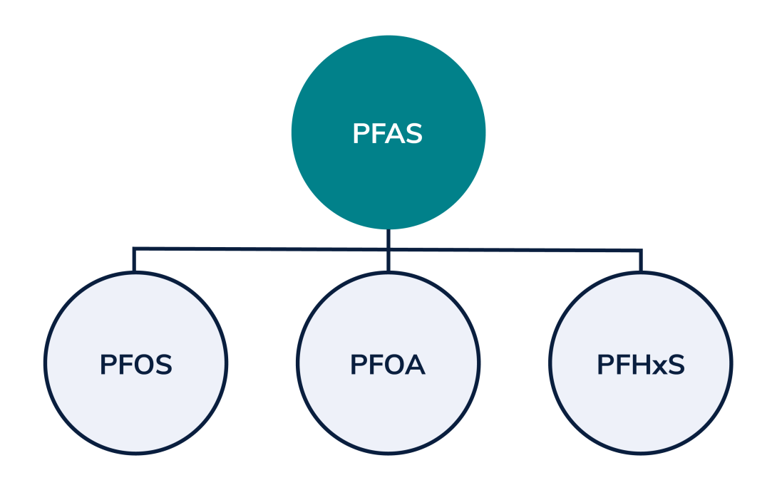 Types of PFAS—top circle with initials PFAS, linking to three circles with initials for chemicals PFOS, PFOA, PFHxS.